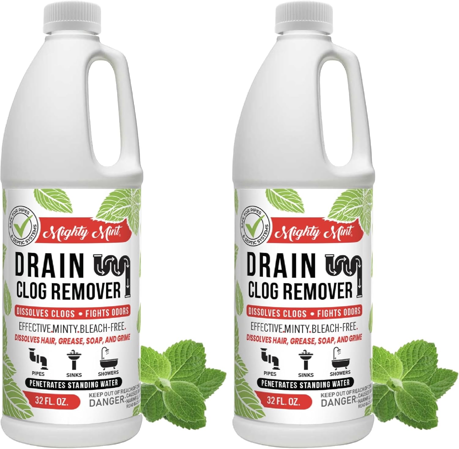 Mighty Mint Drain Clog Remover, Safe for Pipes and Septic, Dissolves Hair & Grease, Clears Blocked Drains and Deodorizes, Natural Mint Scent, 32oz (Pack of 2)