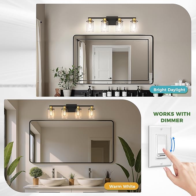 DORESshop Bathroom Light Fixtures, 4-Light Gold and Black Bathroom Lighting Fixtures Over Mirror with Clear Glass Shade, Vanity Lights for Hallway Living Room Bedroom