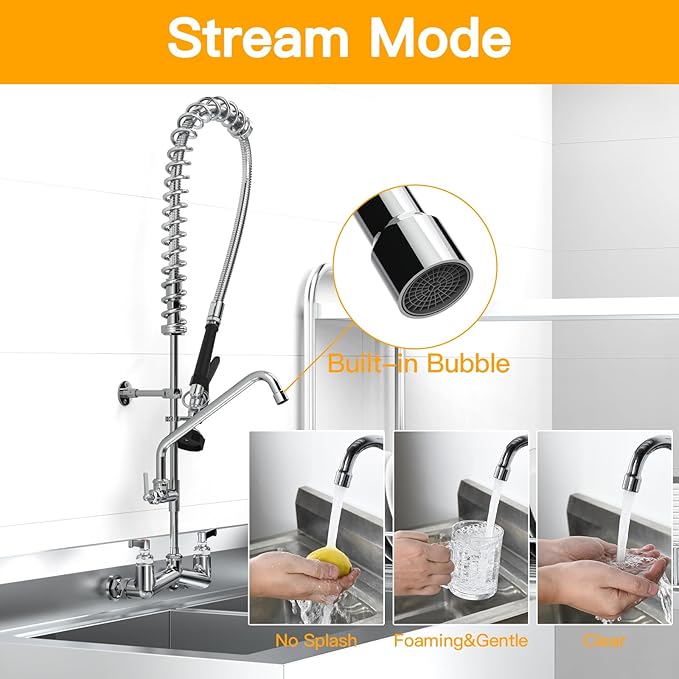 Commercial Sink Faucet Wall Mount with Pre Rinse Sprayer 8 inch Center Wall Mount Kitchen Sink Faucet 47" Height with 14" Add-on Swing Spout for 1/2/3 Compartment Sink