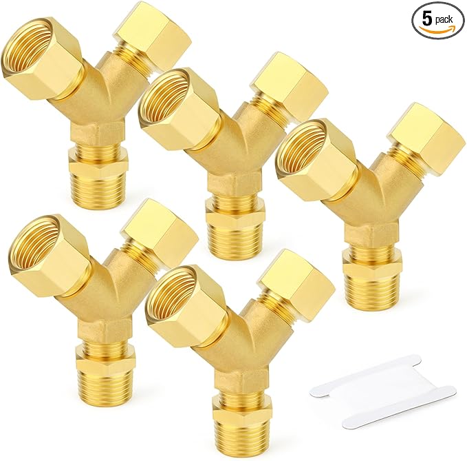 GASHER 5PCS Brass Pipe Fitting Male Branch Tee Y Adapter 1/2" NPT Female x 1/2" NPT Female x 1/2" NPT Male