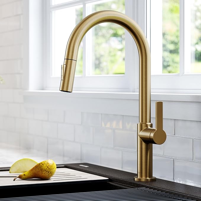 KRAUS Oletto Single Handle Pull Down Kitchen Faucet in Spot-Free Brushed Brass, KPF-2820BB