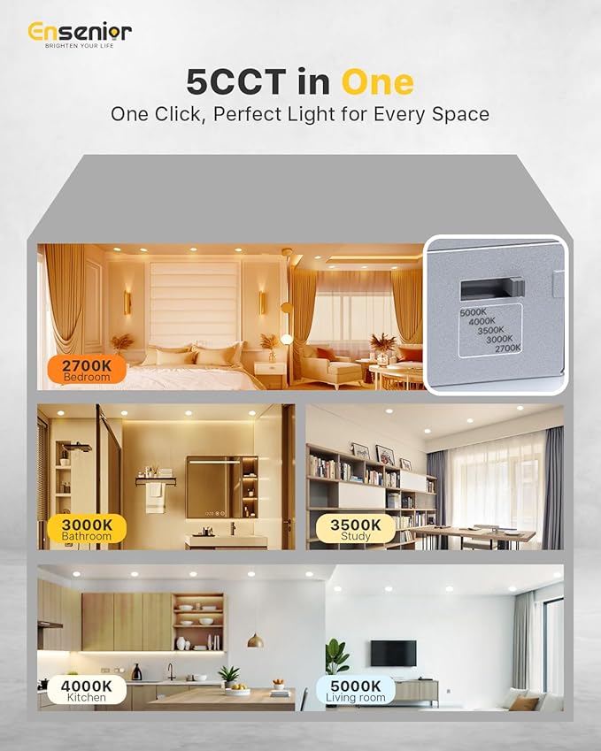 Ensenior 16 Pack 6 Inch LED Recessed Ceiling Light, Dimmable, 2700K-5000K 5CCT, 1050LM 12W 120V, High Brightness Canless Wafer Downlight - ETL&FCC&IC