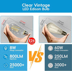Jensense Edison LED Light Bulbs 8Watt Dimmable Light Bulbs 5000K Daylight White, E26 LED Bulb 60watt Equivalent, Vintage Bulbs 800lm CRI 90 Clear Glass 24 Packs