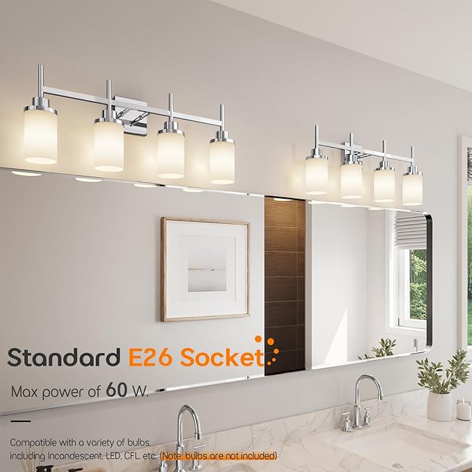 4-Light Vanity Lighting Fixtures with White Frosted Glass Shade, Polished Chrome Bathroom Wall Lamps Over Mirror for Bath Restroom Kitchen T001CH-L4