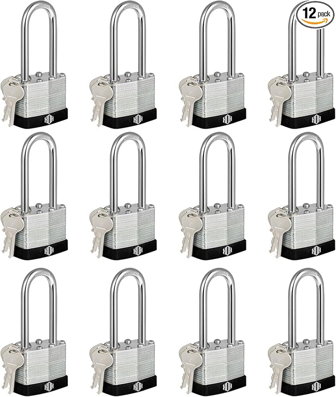 HOX Keyed-Alike Padlocks w/ 2” Long Hardened Shackle, 1-9/16” Wide Body, 12-Pack Shackle Padlock for Hasp Latch, Shed, Fence, Storage Locker, Black