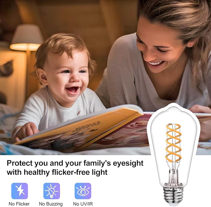 4-Pack Vintage LED Edison Bulbs 60W Equivalent- ST58/ST19 6W E26 Dimmable Light Bulbs, 2700K Filament Decorative Bulb, Shatterproof Plastic Bulb Safe for Kids/Pets.