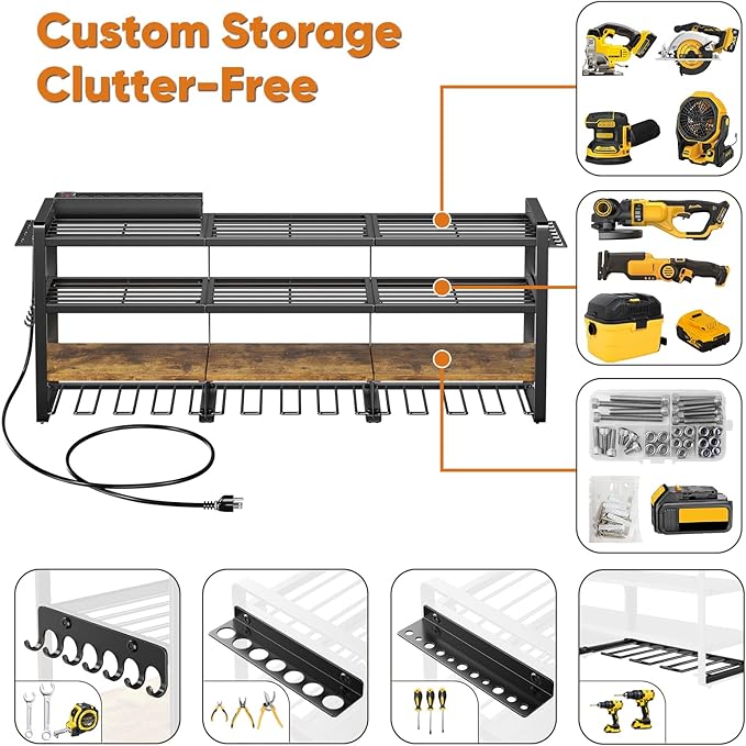 49.5" W Large Power Tool Organizer with Charging Station, 4-Layer Heavy Duty Utility Rack Loads 600lbs, Holds 8 Cordless Drills, Wall Mount Tool Shelf with 8-Outlet Power Strip, Gift for Men