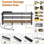 49.5" W Large Power Tool Organizer with Charging Station, 4-Layer Heavy Duty Utility Rack Loads 600lbs, Holds 8 Cordless Drills, Wall Mount Tool Shelf with 8-Outlet Power Strip, Gift for Men