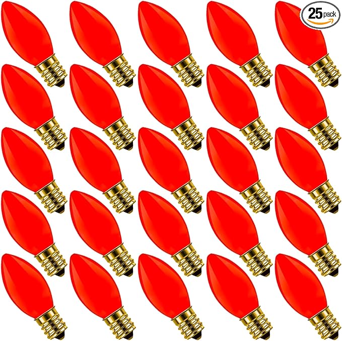 25 Pack C9 Ceramic Christmas Replacment Bulbs, Red Light Bulbs for E17 Candelabra Base Outdoor/Indoor Christmas String Lights, 7 Watt
