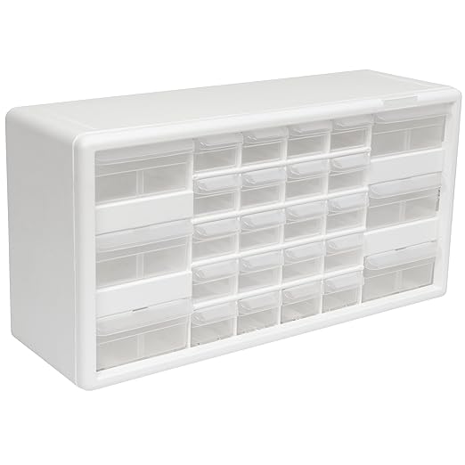 Akro-Mils 26-Drawer Plastic Drawer Storage Cabinet for Garage Organization, Bead Organizer, Building Bricks Storage, Teacher Toolbox, Makeup Organizer, 20" W x 6" D x 10" H, 10124 White