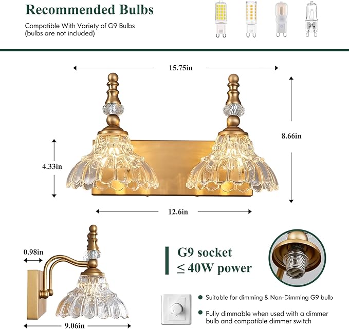 Vintage Bathroom Vanity Light, 2-Light Brass Vanity Lighting Fixture with Flower Glass Shade, Bathroom Lighting Fixtures Over Mirror