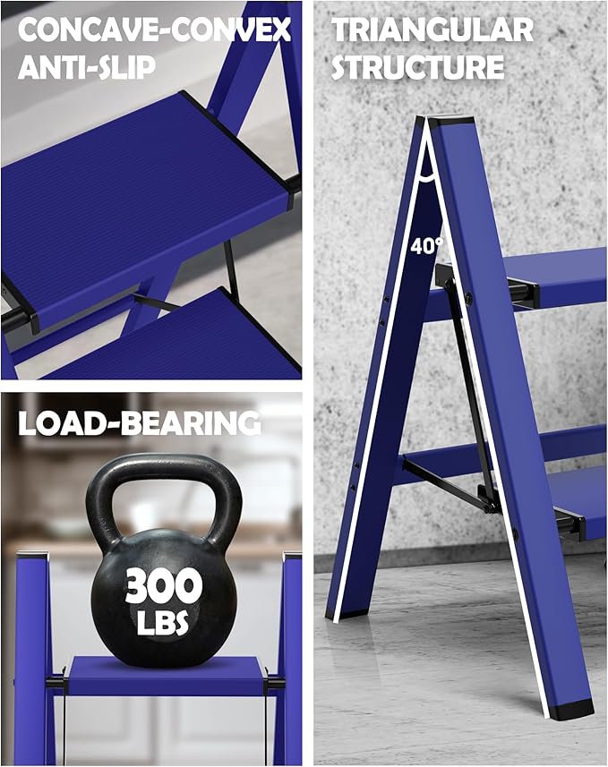 Taranta 2 Step Ladder,Aluminum Lightweight Folding 2 Step Stool with Anti-Slip Wide Pedal,330lbs Capacity Step Ladder for Household,Kitchen,Office - Blue