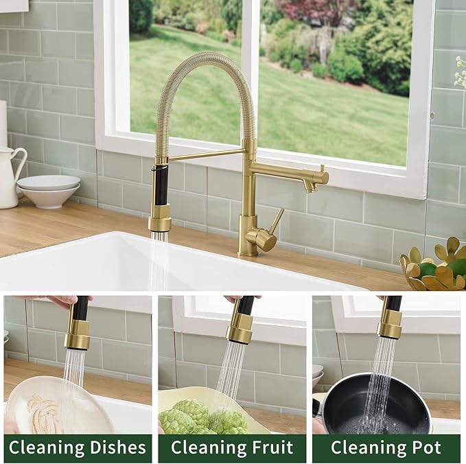 Fapully Commercial Pull Down Kitchen Faucets with Sprayer,Single Handle Spring Brushed Gold Kitchen Sink Faucet