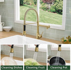 Fapully Commercial Pull Down Kitchen Faucets with Sprayer,Single Handle Spring Brushed Gold Kitchen Sink Faucet