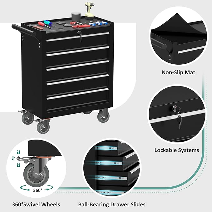 5-Drawer Rolling Tool Chest Toolbox, Rolling Tool Box with Wheels, Tool Chest with Keyed Locking System and Drawer Liners, Tool Box Organizer for Garage, Warehouse, Workshop