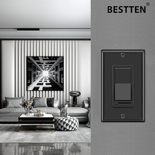BESTTEN 10 Pack Dimmer Wall Light Switch, Compatible with Dimmable LED, CFL, Incandescent and Halogen Bulb, Single Pole or 3-Way Dimmer Switches, 120VAC, Decorator Wall Plate Included, Black