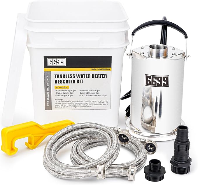 Tankless Water Heater Flush Kit Includes 1/3HP Stainless Steel Sump Pump with Two Adapters & 3 Gallons Pail with Bucket Lid Opener & Two 1/2” Dia X 6’ Hoses with Washers
