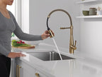 Delta Essa Pro Style Commercial Kitchen Faucet with Pull Down Sprayer, Brushed Gold Single Hole Kitchen Sink Faucet, Single Handle, Champagne Bronze 9613-CZ-DST