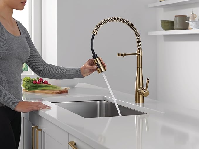 Delta Essa Pro Style Commercial Kitchen Faucet with Pull Down Sprayer, Brushed Gold Single Hole Kitchen Sink Faucet, Single Handle, Champagne Bronze 9613-CZ-DST