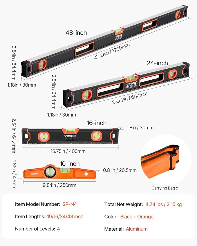 VEVOR 4-Piece Torpedo Level, 48/24/16/10 Inch Box Levels Set, Fluorescent Light Up Bubble Vials Ruler for 45/90/180 Degree, Aluminum Alloy Magnetic Leveler Tool, Shock-Proof(Only 10-inch has magnetic)