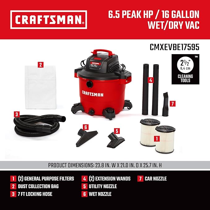 CRAFTSMAN CMXEVBE17595 16 Gallon 6.5 Peak HP Wet/Dry Vac, Heavy-Duty Shop Vacuum with Attachments and Additional General Purpose Filter