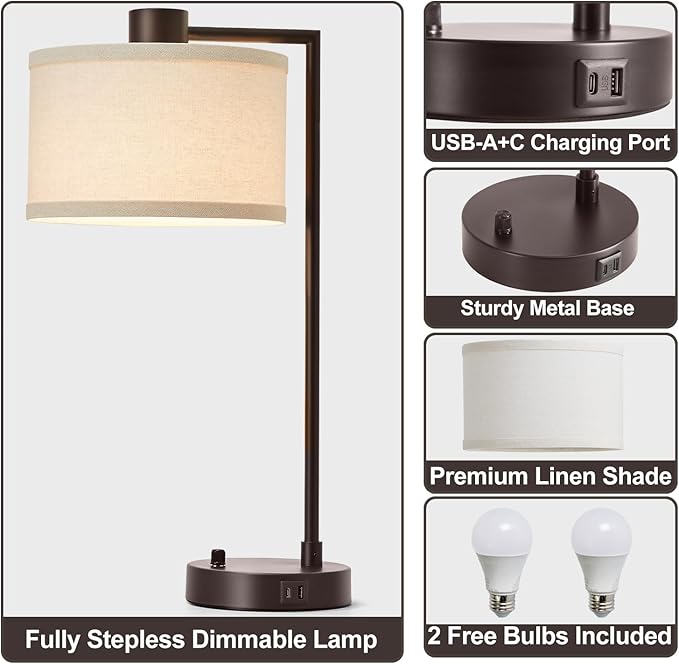 Luvkczc Table Lamp for Bedroom Set of 2 with USB C+A Ports - Fully Stepless Dimmable Bedside Lamp with Linen Lampshade - Contemporary Lamp for Living Room Reading Office, 2 Bulbs Included (Red Brown)