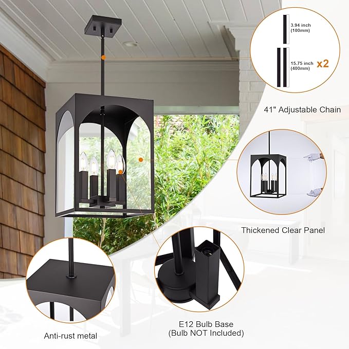 VINLUZ Outdoor 4 Light Pendant Lighting,Classic Outside Chandelier Exterior Hanging Lantern Light with Clear Glass Shade Oil Rubbed Bronze Finish for Porch, Yard, Gazebo