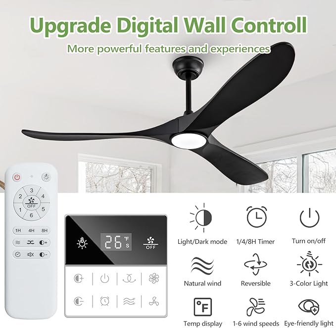 60 Inch Black Ceiling Fans with Lights and Dimmable Mordern, Outdoor Ceiling Fan with Lights High CFM Quiet 3 Blades Propeller Wood Ceiling Fan for Patio,Porch,Farmhouse,Gazebo