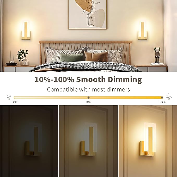 Joosenhouse Modern LED Wall Sconce Set of 2, Dimmable Hardwired Bathroom Vanity Light Indoor Wall Sconce for Hallway, Bedroom, Study, Living Room, 9.76 Inch Brass Wall Lights