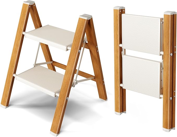 Taranta 2 Step Ladder,Aluminum Lightweight Folding 2 Step Stool with Anti-Slip Wide Pedal, 330lbs Capacity Step Ladder for Household,Kitchen,Office - White Woodgrain