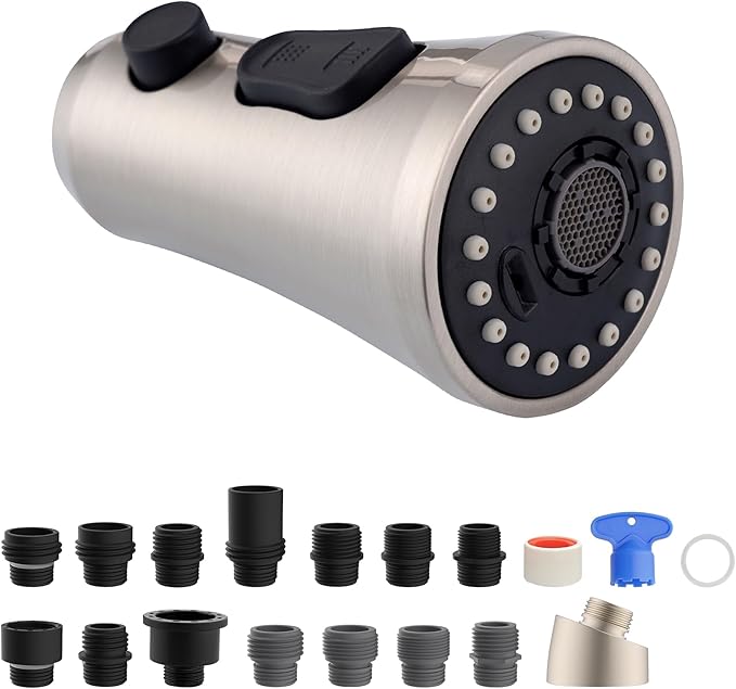 Hibbent Pull Down Kitchen Faucet Head Replacement, 3-Function NSF/ANSI/CAN 61 & CUPC Certified Sink Spray Nozzle, 15 Adapters, Compatible with Moen, Delta, Kohler Faucets, Brushed Nickel