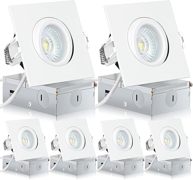 Square Recessed Lighting 3 Inch 6 Pack, Ajustable Eyeball recessed Light with Junction Box,5 Color Selectable,Airtight,7W 550LM,Dimmable,White