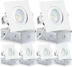 Square Recessed Lighting 3 Inch 6 Pack, Ajustable Eyeball recessed Light with Junction Box,5 Color Selectable,Airtight,7W 550LM,Dimmable,White