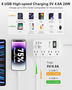 6 USB(2 USB C) Surge Protector Power Strip- 5Ft Travel Power Strip with 4.8A USB Charging Station and 4 Extendable Outlet, 13A Flat Plug Braided Extension Cord with Wall Mount for Travel Office Dorm