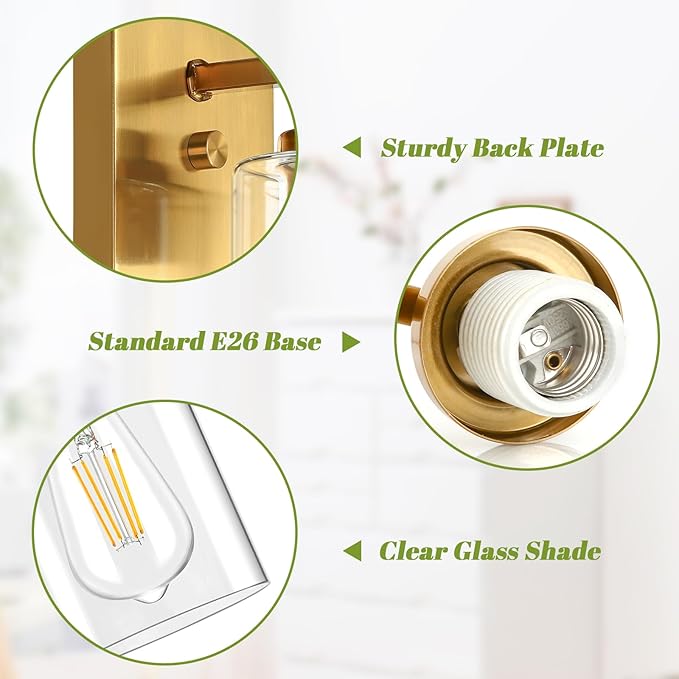 VerRon Wall Sconces, Gold Bathroom Light Fixtures, Modern Vanity Lights, Sconces Wall Lighting with Clear Glass, Sconces Wall Decor Set of 2, Light Fixture for Mirror, Living Room, Bedroom, Hallway