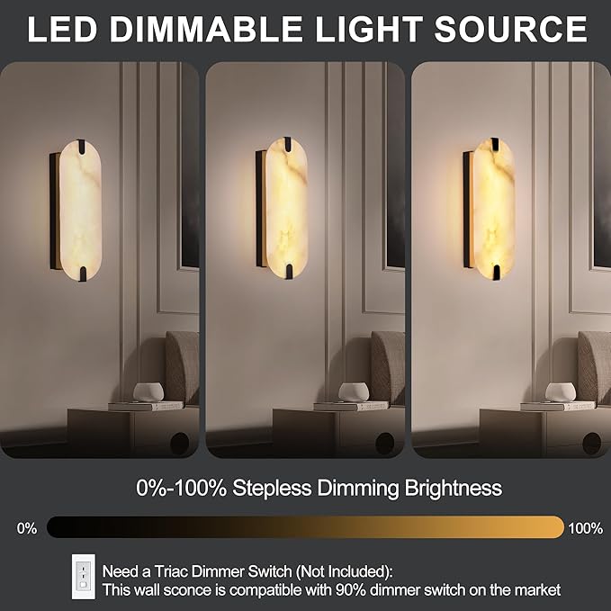 14.17in Alabaster Wall Sconces, Natural Marble Wall Light, Modern LED Alabaster Sconces for Living Room Indoor Wall Lamps for Dining Room Stairs Bedroom,Black
