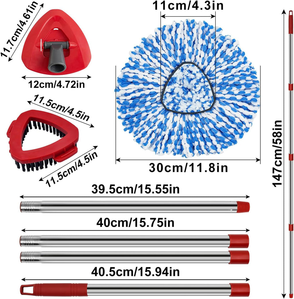 Spin Mop Handle Mop Heads and Base Replacement Sets Compatible with O Cedar EasyWring Rinseclean 2 Tank System, Flexible & Reusable(1 Sets Stainless Steel Handle & 2 Refills & 1 Base & 1 Scrub Brush)