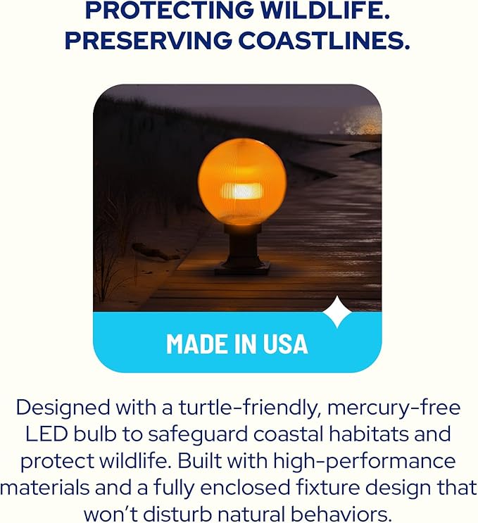 KastLite 590nm Amber LED Pier Mount Globe Light - Sea Turtle Friendly Outdoor Fixture - 7.5W Wildlife Safe Lighting for Coastal Porch Garden & Dock Use - USA Made Prismatic Acrylic Lens, Black Base