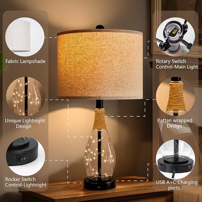 OYEARS 23" USB A+C Table Lamp for Bedroom Living Room Modern Bedside Lamps Retro Farmhouse Rattan Glass Nightstand Nightlight Lamps (Black),Two Light Points