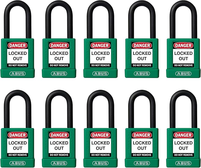 ABUS Green Pack of 10 Lockout Tagout Premium Solid Body Safety Padlock Set - OSHA Compliant Loto Locks Insulated Against Electric Shock, Keyed Different, 1 Key Per Lock