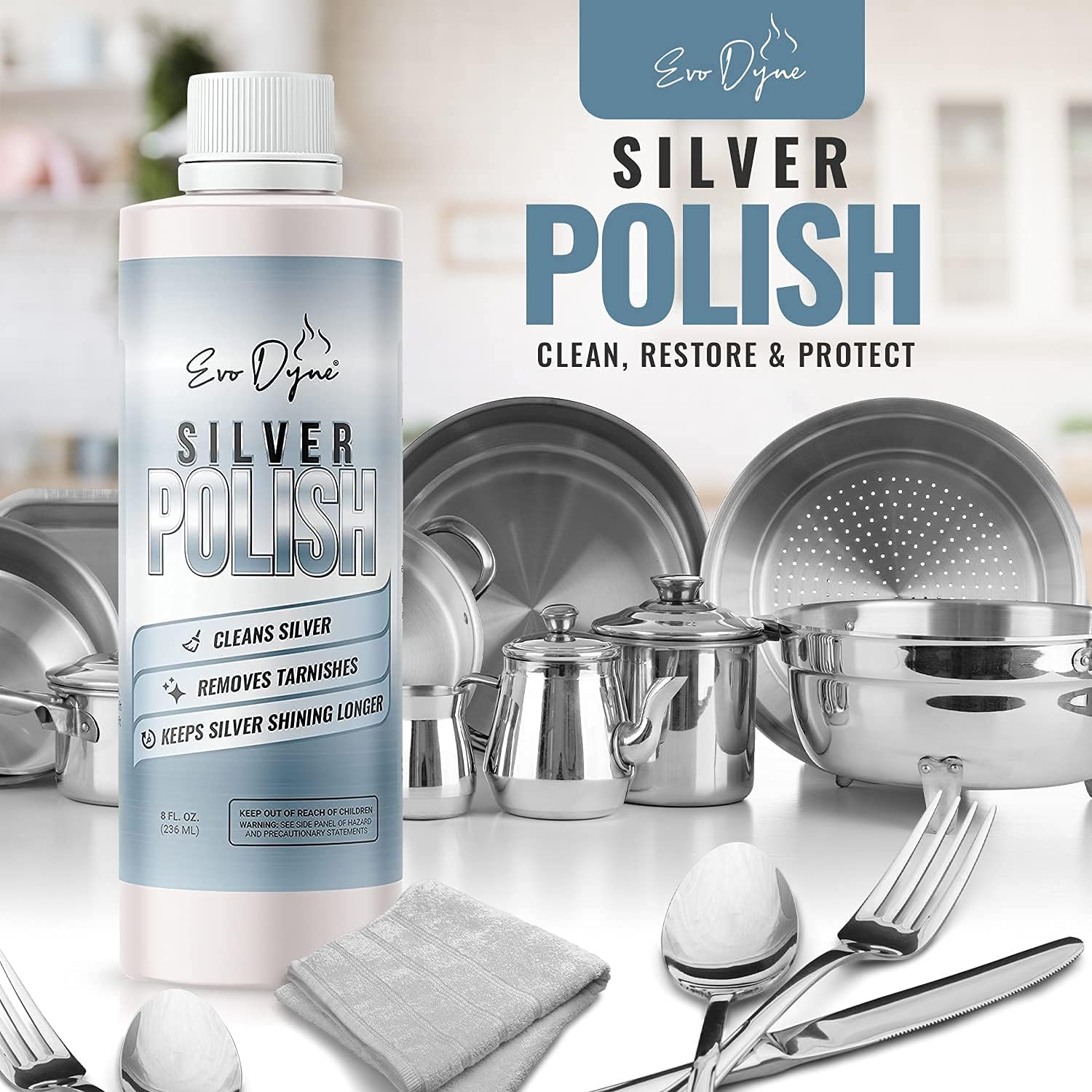 Silver Polish, Silver Cleaner (8-oz Bottle), Made in the USA | Silver Jewelry Cleaner – Gently Removes & Prevents Tarnish | Safe to Use on All Silvers by Evo Dyne (Silver Polish)