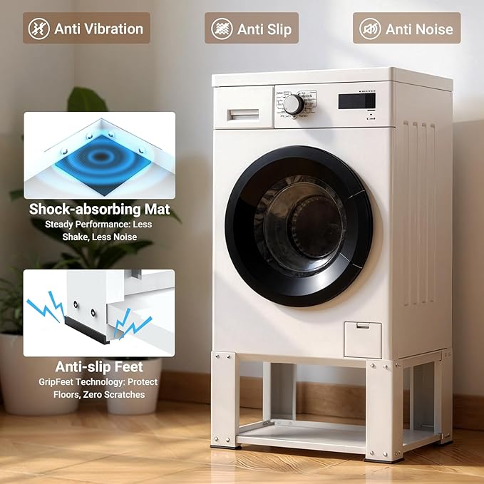 SKM Universal Washer & Dryer Pedestal for 27" & 28" Machines | Heavy-Duty Steel, 700LB Capacity | 15.7" Height, Anti-Slip & Shock-Absorbing, White