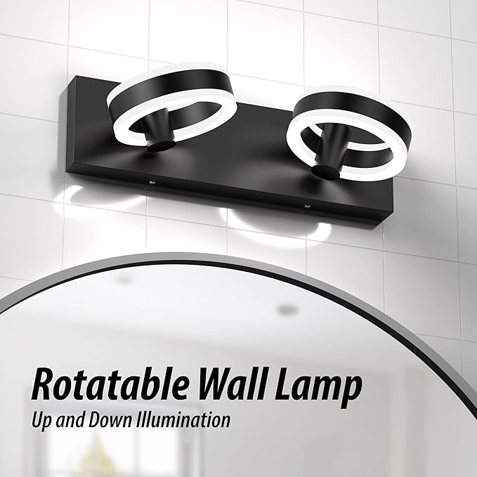 LED Bathroom Light Fixtures,15inch Black Vanity Lights, Modern 2 Light Acrylic Wall Sconces, 350° Rotatable Wall Lighting Fixture Over Mirror