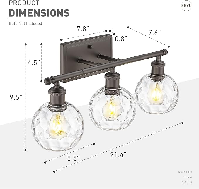 zeyu Farmhouse 3 Light Vanity Lighting, 21.4'' Bathroom Mirror Wall Light, Oil Rubbed Bronze Finish with Clear Hammered Globe Glass, ZJF63BG-3W ORB-WG