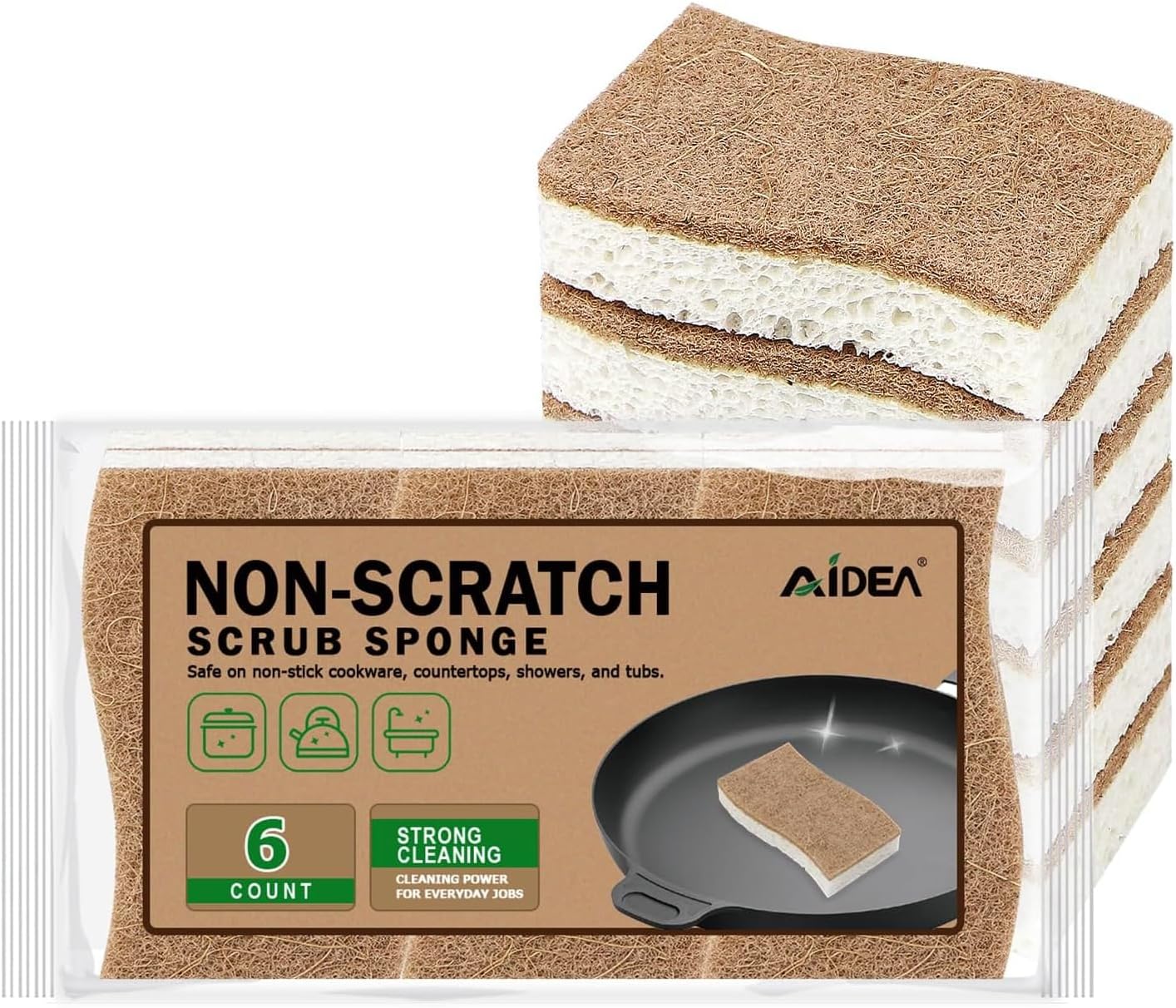 AIDEA Sponges Non Scratch, 6Count, Natural Sponge for Non Stick Cookware, Sponges Kitchen, Cellulose Scrub Sponge for Dishes, Cleaning Power for Kitchen, Bathroom, Household