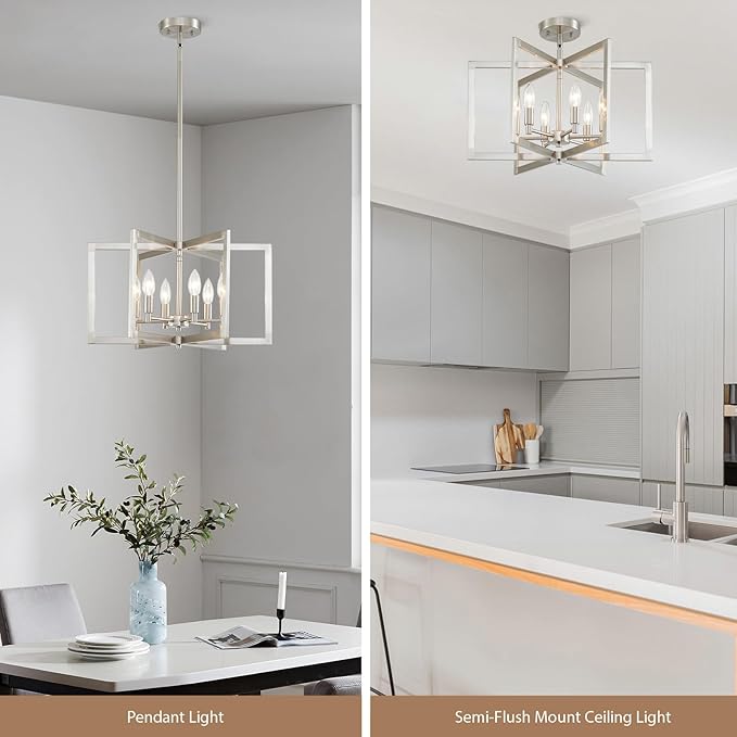 Brushed Nickel Chandelier 6-Light, Dining Room Light Fixture Geometric Metal Modern Chandelier Lighting for Kitchen Island Living Room Entryway, 20 Inch Pendant Lighting Hanging Ceiling Lamp