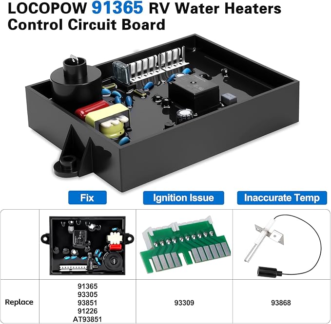 LOCOPOW 91365 93305 RV Water Heater Control Circuit Board Part for Atwood Water Heaters GCH6A-10E GC6AA-10E WH-6GA WH-10GEA Replace 91226 93305, 93851, AT93851 With Igniter Spark & Sensor Electrode