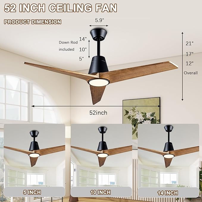 52" Ceiling Fans with Light, Solid Wood Ceiling Fan with Remote Control and DC Motor, with RGB Function, with 3 Fan Blades, Indoor-Outdoor Ceiling Fan for Living Room, Bedroom - Black + Walnut Color