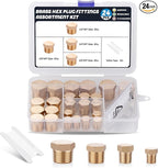 24 PCS Brass Hex Pipe Plug Fittings Kits 1/8" 1/4" 3/8" 1/2" NTP Brass Plug Male Threaded