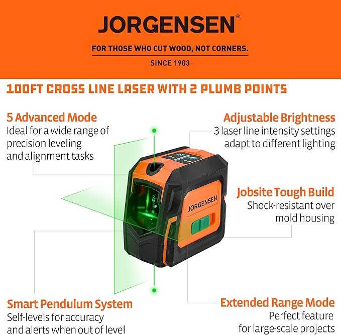 JORGENSEN Laser Level with Tripod & 2 Plumb Dots, 100 FT Self Leveling Point Cross Line Laser Leveler Tool, Wide Angle Green Laser Level for Picture Hanging, Indoor Project, Construction, Carry Bag